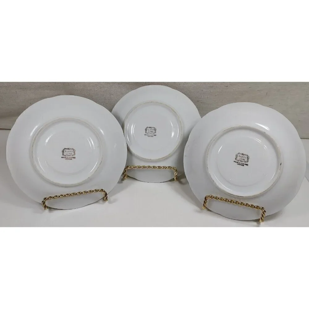 Silver China Occupied Japan Green Hand Painted Flowers Gold Trim Saucer Set Of 3